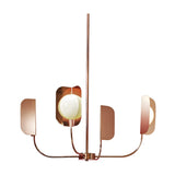 The Petal 4 Light Chandelier - Copper features four curved copper arms with round white bulbs behind rectangular metallic shades, all suspended from a central vertical rod for a look of organic sophistication.