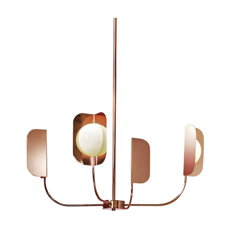 The Petal 4 Light Chandelier - Copper features four curved copper arms with round white bulbs behind rectangular metallic shades, all suspended from a central vertical rod for a look of organic sophistication.