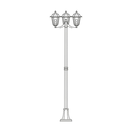 Line drawing of the Dentil cast aluminium outdoor 3-light lamp post, 207cm column with three lanterns, scalloped roofs, barred glass panes and ribbed flange base, on a white background.