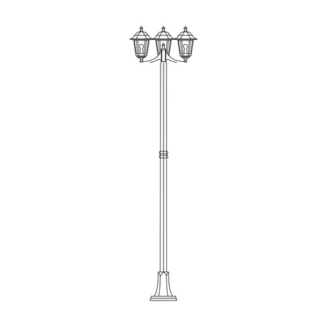 Dentil cast aluminium outdoor 3-light lamp post, 245cm tall with tiered lantern heads on a slim column and ribbed flange-plate base, shown on a plain white background.