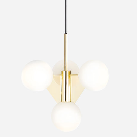 Introducing the Gatsby 4 Light Chandelier - Gold: a masterpiece of modern elegance. This sleek, minimalist design boasts four spherical white frosted glass shades elegantly arranged around a central gold rod, all hanging from a black cord. Perfect for adding sophistication to any space.