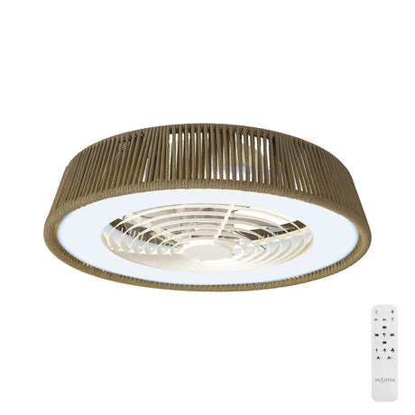 Polinesia 64.5cm ceiling fan with integrated LED light, beige woven drum shade, white blades and remote control shown on a plain white background.