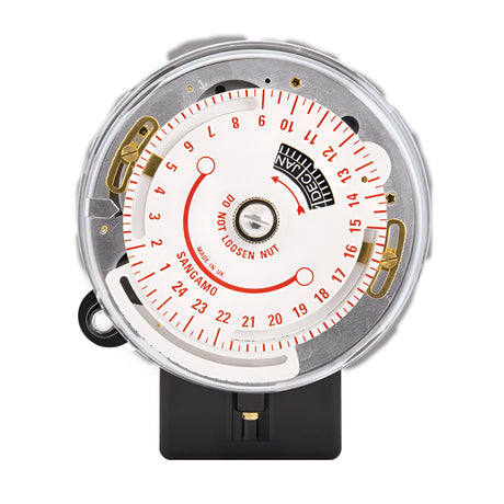 A close-up of a Round Pattern Astro Zone 4, 3 Pin Time Switch with an optional early off feature shows a circular dial displaying numbers 1 through 24, ideal for 24-hour programming. The words "Do Not Loosen Nut" and "Sangamo" are visible on the device, which features a current rating of 20 amps and is mounted on a black base.