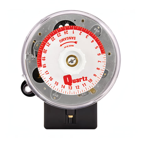 The 3 Pin 2 On/Off Time Switch (Round Pattern) features a white circular dial displaying numbers 1 to 24 in red for precise 24-hour programming. It includes a transparent cover, black base with a switch, and has the words Quartz and Sangamo printed on the dial for reliable performance.