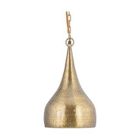Quinn Small Hammered Pendant Light in antique brass, a teardrop-shaped aluminium dome with hammered texture, suspended from a chain and leather strap on a plain white background.