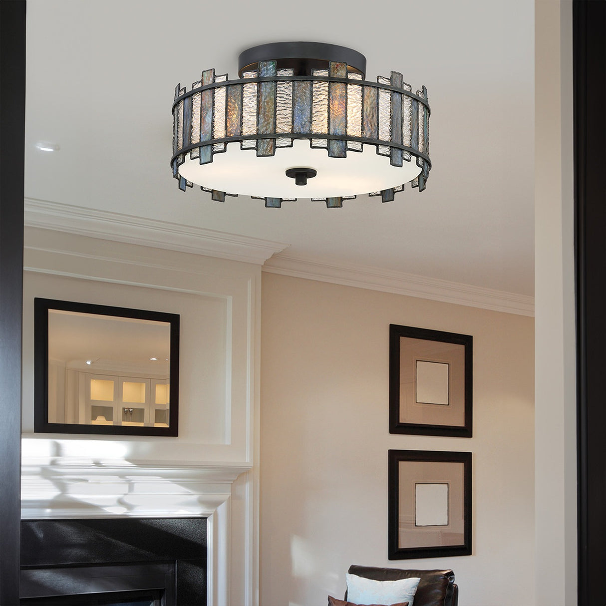 Sentry 2 Light Semi-Flush Ceiling Light - Black & Art Glass