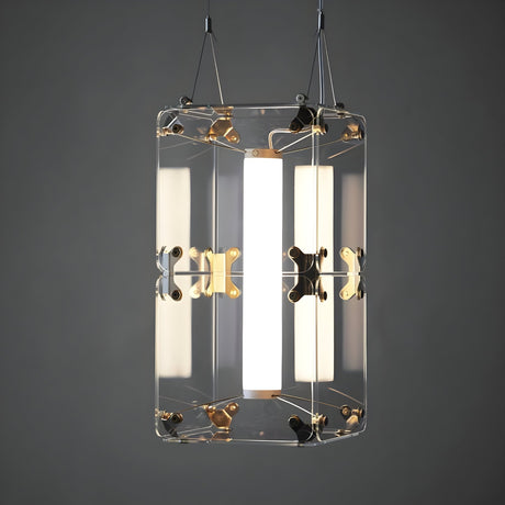 The Qbic LED Small Pendant Light - Clear features transparent panels, metallic fasteners, and a central vertical light source for energy-efficient illumination, suspended by two wires against a plain gray background.
