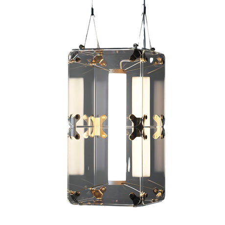 The Qbic LED Small Pendant Light - Clear features a modern rectangular design with transparent panels, black and gold metal accents, and two slim black suspension cables. An energy-efficient LED is centrally positioned inside the frame.