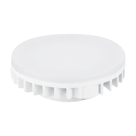 GX53 LED bulb, 9W 3000K warm white, flat round shape with white body and frosted face, ridged heat sink base, shown on a plain white background.