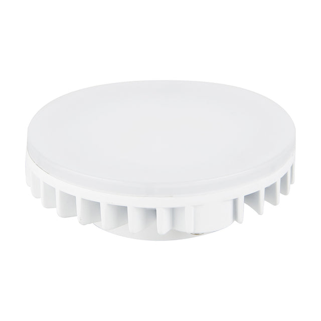 GX53 LED bulb, 9W 3000K warm white, flat round shape with white body and frosted face, ridged heat sink base, shown on a plain white background.