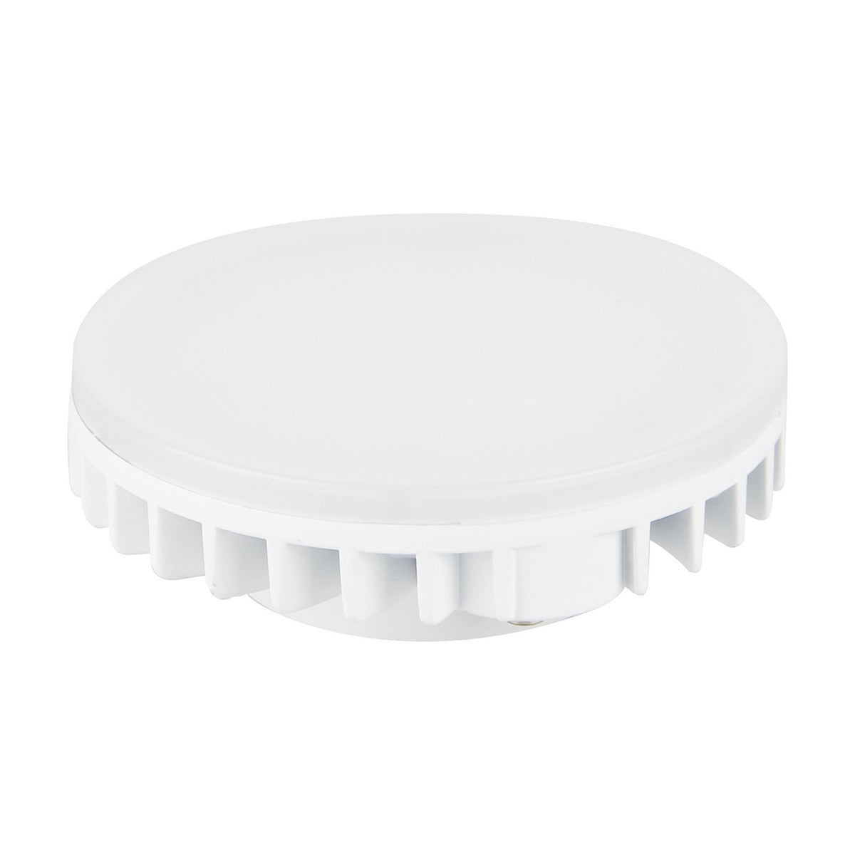 GX53 LED bulb, 9W 4000K, with a flat white disc shape, ridged heat-sink base, and frosted diffuser, shown on a plain white background.