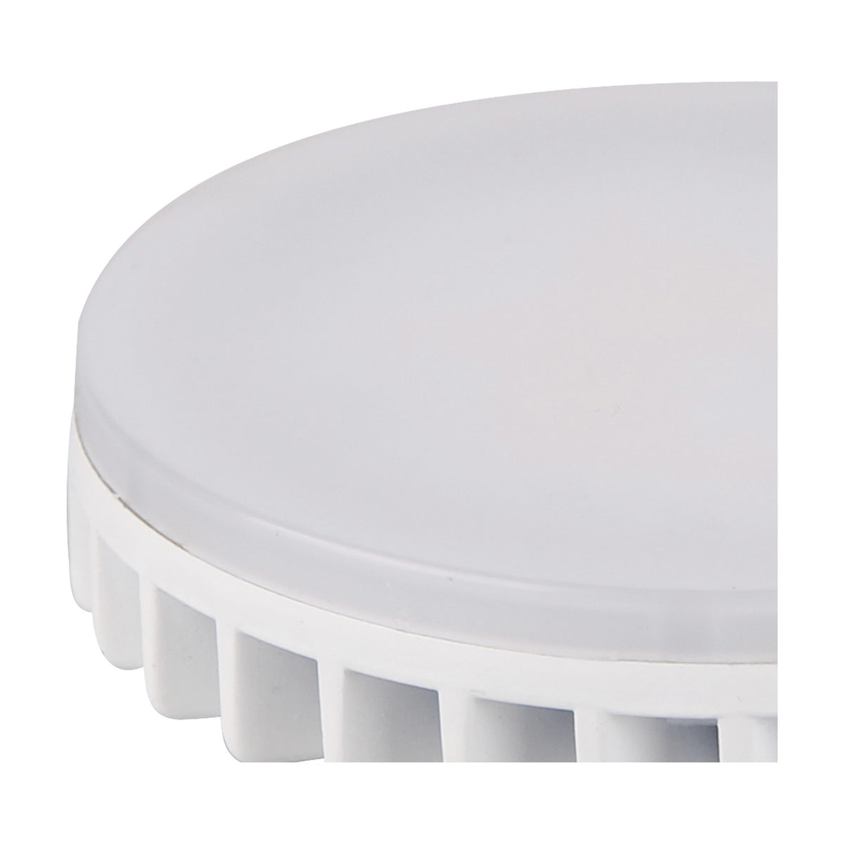 Close-up of a GX53 LED bulb, 9W 4000K, with a flat disc shape, frosted white diffuser, and ridged white plastic base, shown on a plain background.