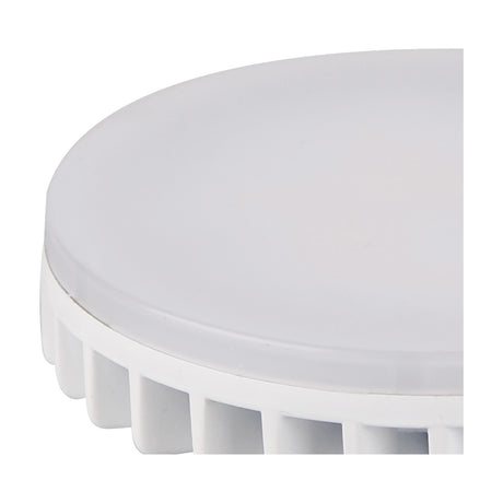 Close-up of a GX53 LED bulb, 9W 4000K, with a flat disc shape, frosted white diffuser, and ridged white plastic base, shown on a plain background.