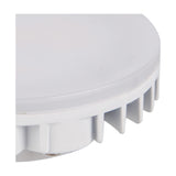 Close-up of a GX53 LED bulb, 9W 4000K, with a flat white disc-shaped body, frosted diffuser, and ridged plastic heat sink base on a white background.