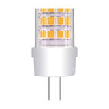 G4 capsule LED bulb, 5W 3000K, clear cylindrical body with visible LED chips and white ceramic base, two-pin fitting, on a plain white background.