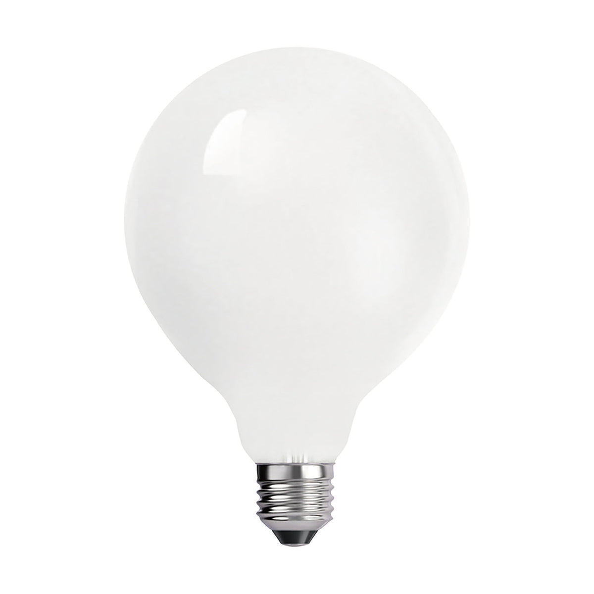 E27 frosted-glass globe light bulb, 95mm round shape with silver screw cap, 6.5W warm white 3000K, shown against a plain white background.