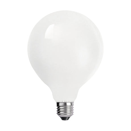 E27 frosted-glass globe light bulb, 95mm round shape with silver screw cap, 6.5W warm white 3000K, shown against a plain white background.