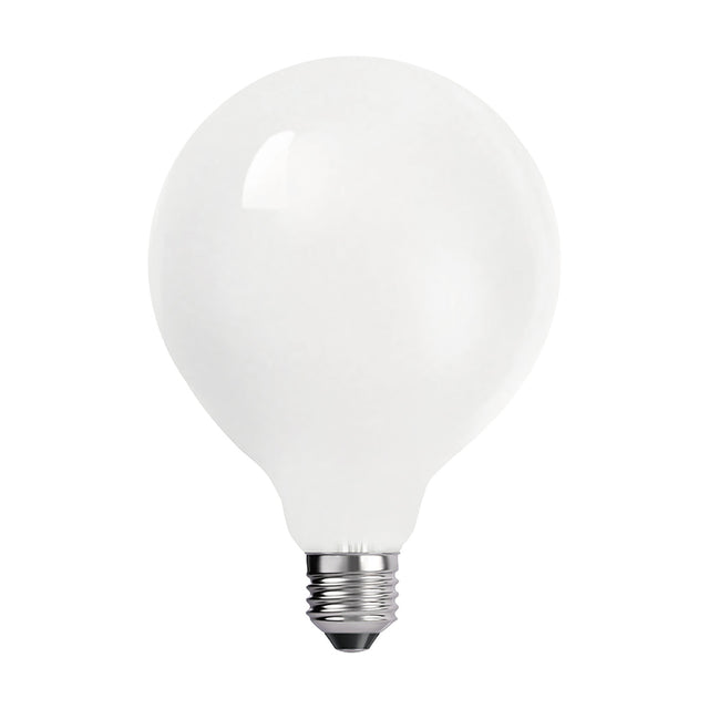 E27 frosted-glass globe light bulb, 95mm round shape with silver screw cap, 6.5W warm white 3000K, shown against a plain white background.