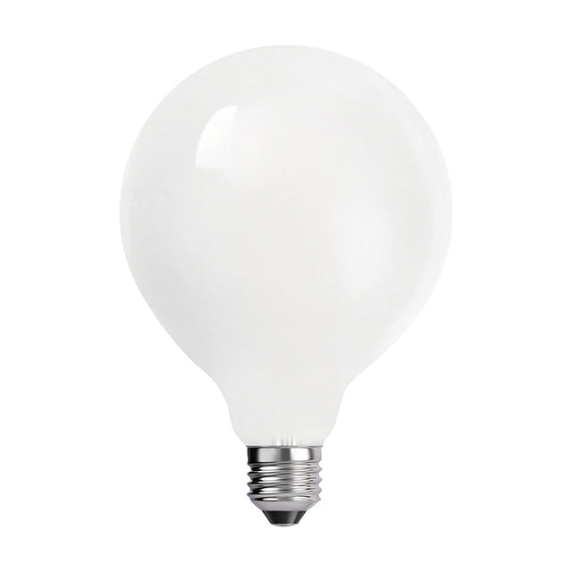 E27 globe frosted-glass bulb, 95mm round shape with silver-tone screw cap, 6.5W cool white LED, non-dimmable, shown on a plain white background.