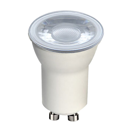 LED GU11 4W reflector bulb in opal white finish with faceted glass lens and two-pin base, shown on a plain white background, 2700K warm white, 290lm.