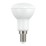 The Energizer 4.2W Non-Dimmable R50 LED Reflector Bulb offers a frosted white appearance and an E14 screw base, ideal for indoor applications. Featuring warm white light at 2700K and energy-efficient performance, its rounded design with a metallic base is compatible with various fixtures.