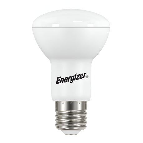 Image of an energy-efficient Energizer 7.3W Non-Dimmable R80 LED Reflector Bulb in warm white, featuring a rounded white top and a metallic E27 screw base. The bulb prominently displays the Energizer logo on its body, emitting a cozy 2700K glow.