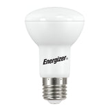 An Energizer 7.3W Non-Dimmable R63 LED Reflector Bulb in warm white is displayed against a plain background. The bulb, featuring an E27 silver screw base, proudly showcases the "Energizer" name on its side with black lettering, emphasizing its energy-efficient lighting and warm white glow at 2700K.