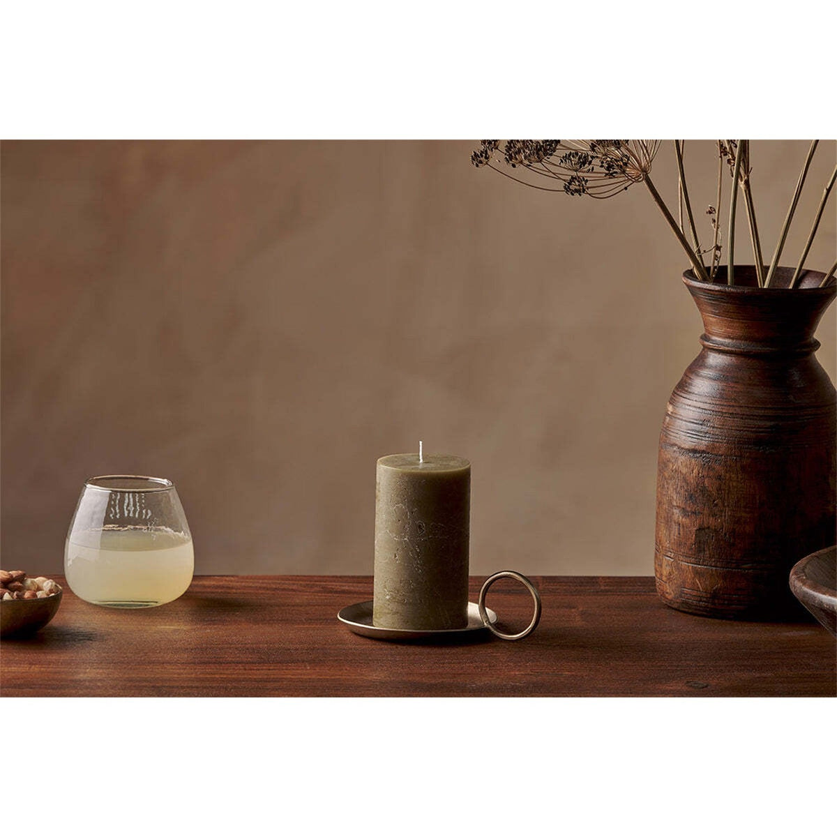 Rustic Small Soy Blend Pillar Candle - Olive Green