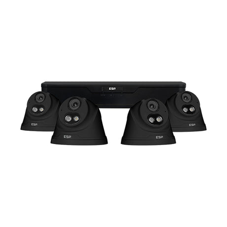 ESP RekorIP 4-channel PoE recorder with four black 2MP turret cameras on a plain white background.