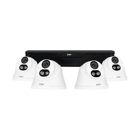 ESP RekorIP 24/7 CCTV kit with four white 2MP turret cameras and a black four-channel PoE recorder on a plain white background.