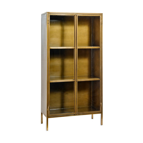 Ranchi Tall Iron & Glass Display Cabinet - Antique Brass