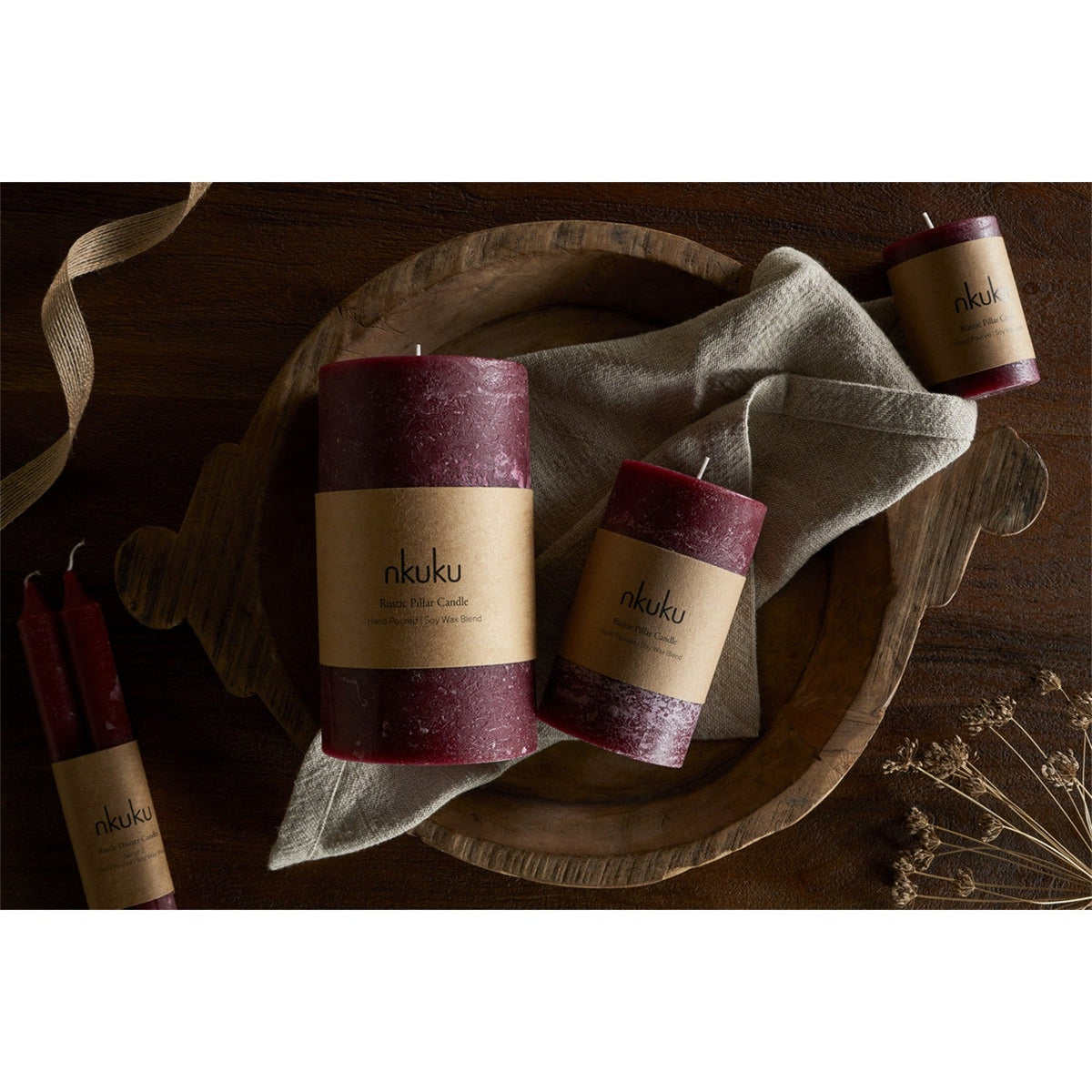 Rustic Large Soy Blend Pillar Candle - Dark Cherry