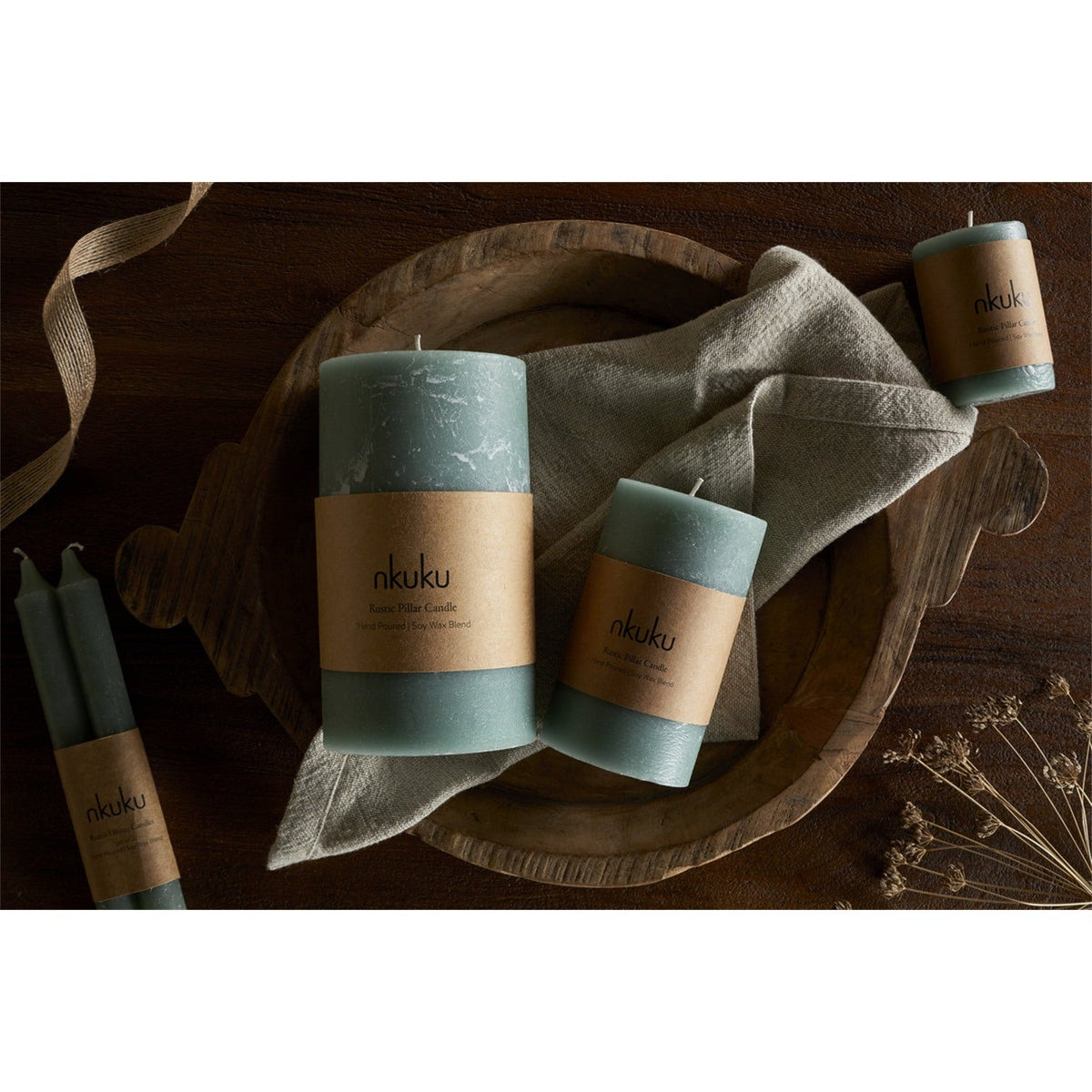 Rustic Small Soy Blend Pillar Candle - Sage Green