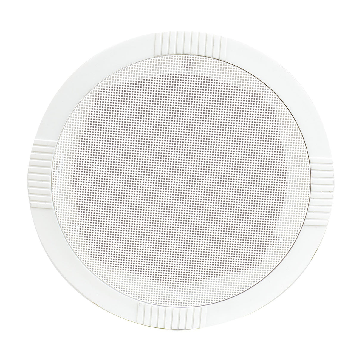 Adastra RC5 round ceiling speaker in white ABS with a steel mesh grille and ridged frame detailing, shown on a plain white background.