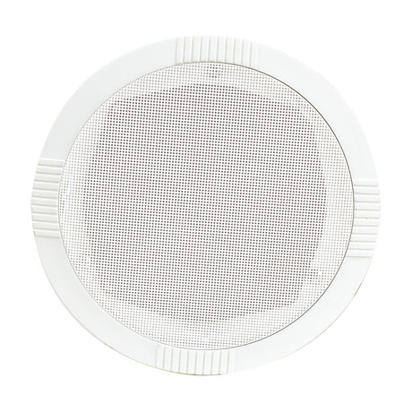 Adastra RC5 round ceiling speaker in white ABS with a steel mesh grille and ridged frame detailing, shown on a plain white background.