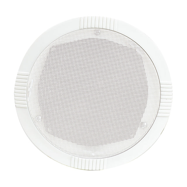 Adastra RC5 round ceiling speaker in white ABS with a steel mesh grille and ridged frame detailing, shown on a plain white background.