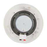 Rear view of the Adastra RC5 white ceiling speaker showing the 5.25 inch driver, dog-ear clamp mounts and spring terminal connections on a white background.