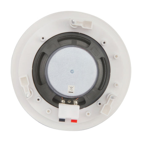Rear view of the Adastra RC5 white ceiling speaker showing the 5.25 inch driver, dog-ear clamp mounts and spring terminal connections on a white background.