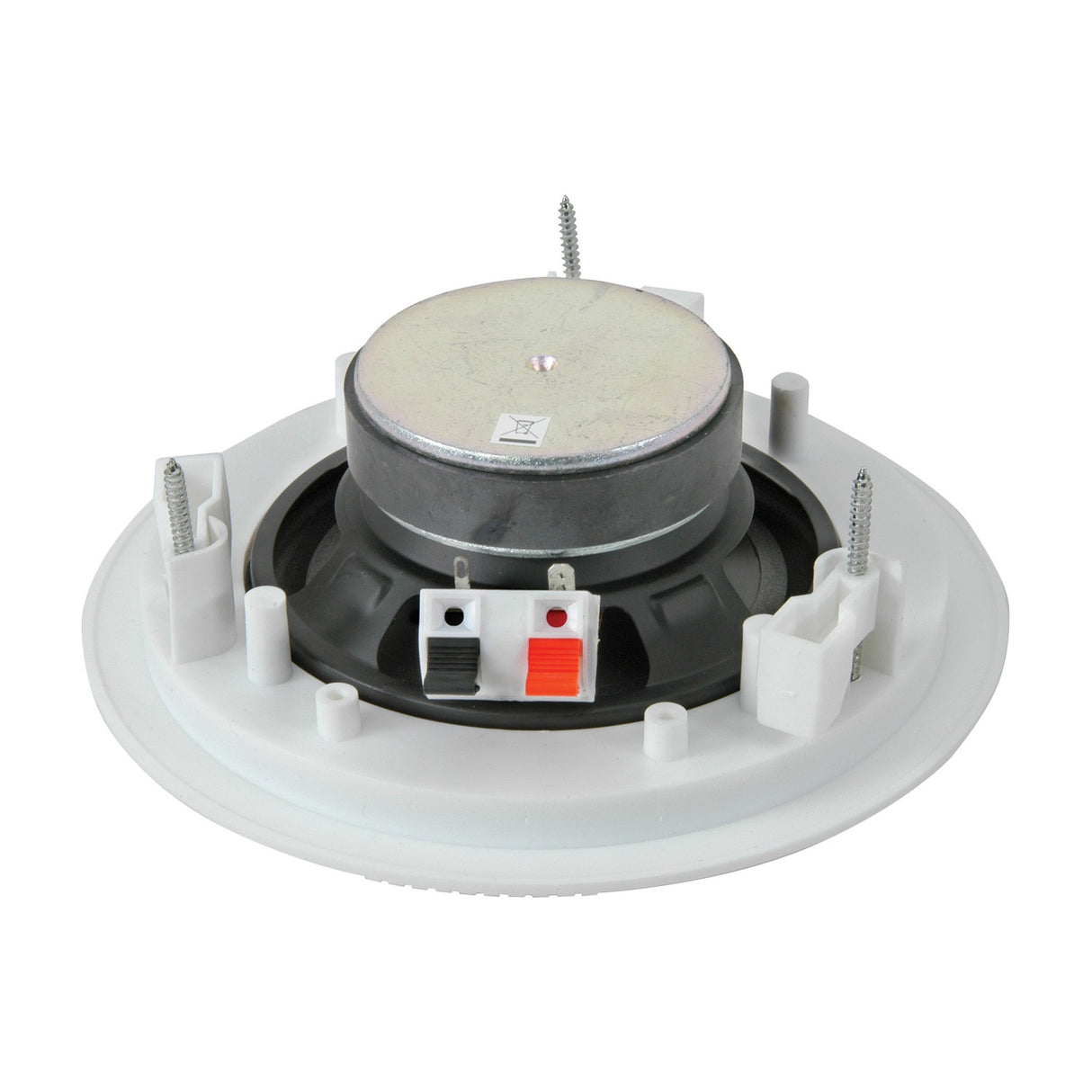 Rear view of the Adastra RC5 white ceiling speaker showing the steel magnet, spring terminals, dog-ear clamp mounts and mounting screws on a white background.