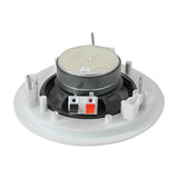 Rear view of the Adastra RC5 white ceiling speaker showing the steel magnet, spring terminals, dog-ear clamp mounts and mounting screws on a white background.