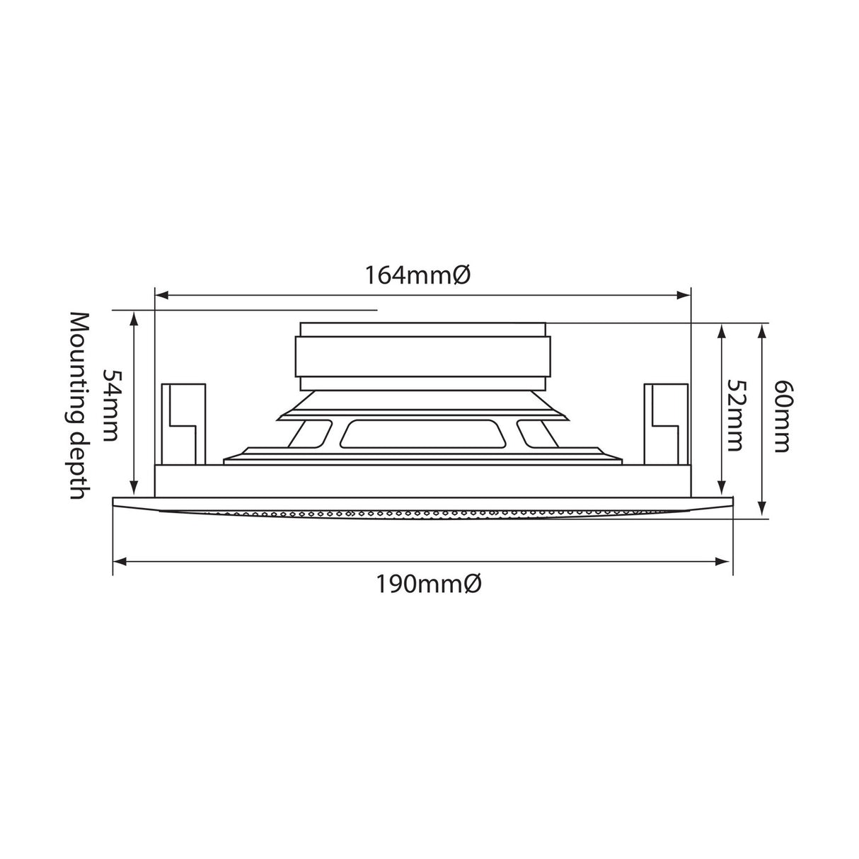 Technical dimension diagram of the Adastra RC5 ceiling speaker showing 190mm diameter, 60mm depth, and 54mm mounting depth on a white background.