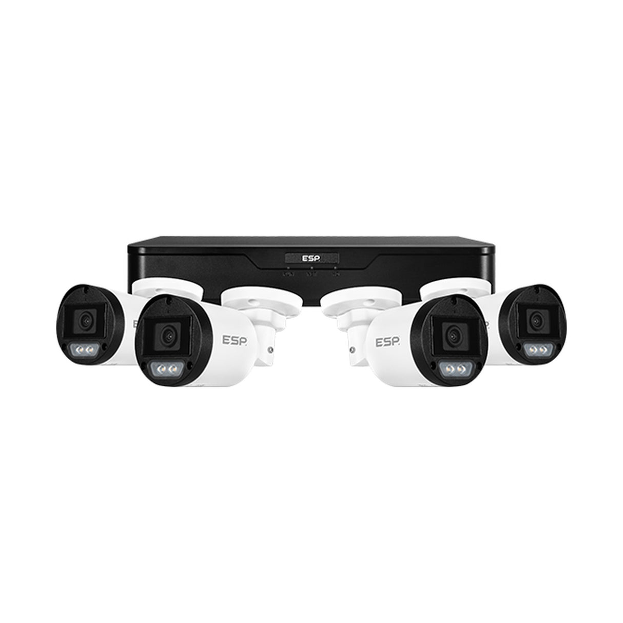 ESP RekorHD 24/7 CCTV kit with black 4-channel recorder and four white 2MP bullet cameras on a plain white background.