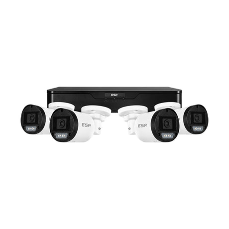 ESP RekorHD 24/7 CCTV kit with black 4-channel recorder and four white 2MP bullet cameras on a plain white background.