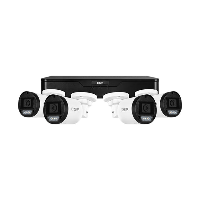 ESP RekorHD 24/7 CCTV kit with black 4-channel recorder and four white 2MP bullet cameras on a plain white background.
