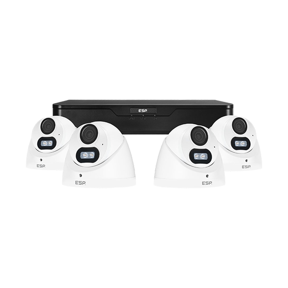 ESP RekorHD 4-channel CCTV kit with four white 2MP turret cameras and a black 1TB recorder on a plain white background.