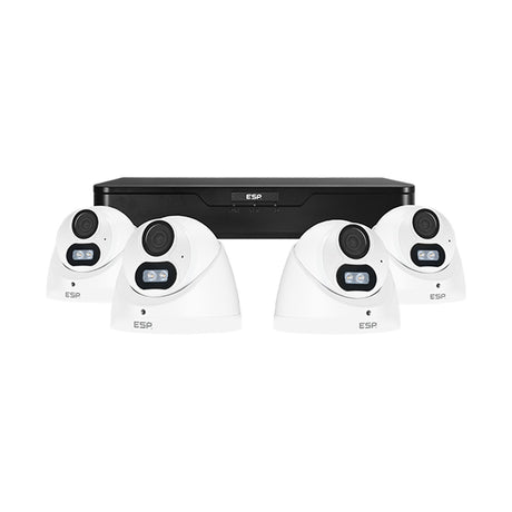 ESP RekorHD 4-channel CCTV kit with four white 2MP turret cameras and a black 1TB recorder on a plain white background.