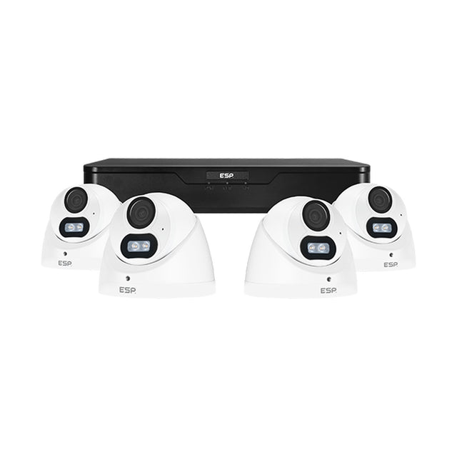 ESP RekorHD 4-channel CCTV kit with four white 2MP turret cameras and a black 1TB recorder on a plain white background.