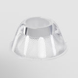 A silver, textured ⌀43mm 15° Focus LED Track Light Lens with a circular hole at the top is designed for narrow beam lighting and positioned against a plain white background.
