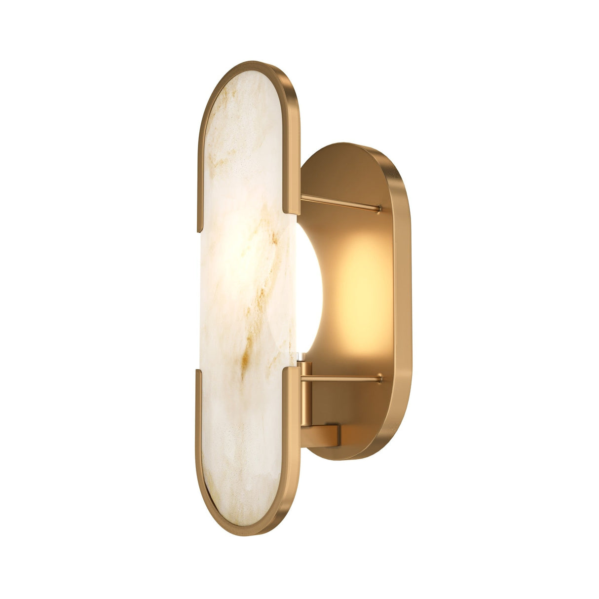 The Marmo Wall Light - Gold & Flat Natural Stone features a modern gold frame and translucent white panel in an elongated oval design, with partially visible light sources creating a sleek, contemporary look.