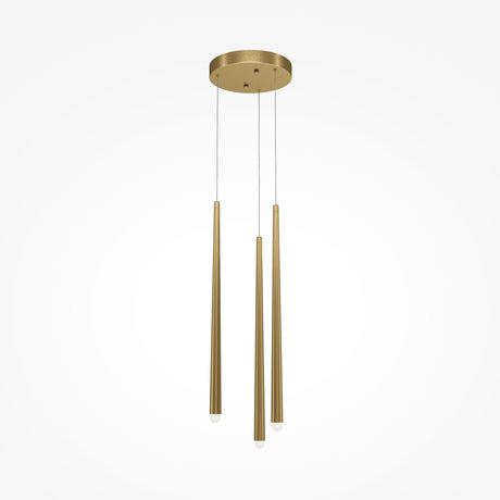 The Cascade CCT Dimmable LED Cluster Pendant Light features three elongated brass pendants hanging from a round mount. With sleek cables, this modern fixture showcases elegance, each pendant tapering to a rounded end against a plain white background.